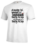 Men's solid white printed short sleeve polyester t-shirt on a hanger, showing straight cut casual fit.