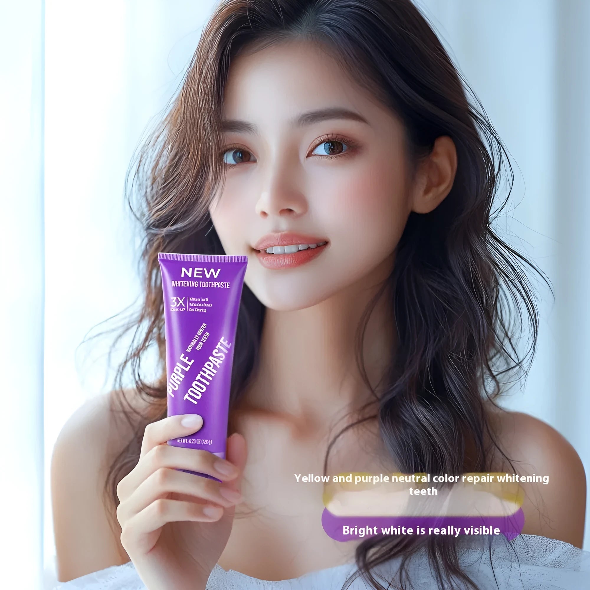 Purple whitening toothpaste tube for adults in 120g and 65g sizes for removing yellow stains