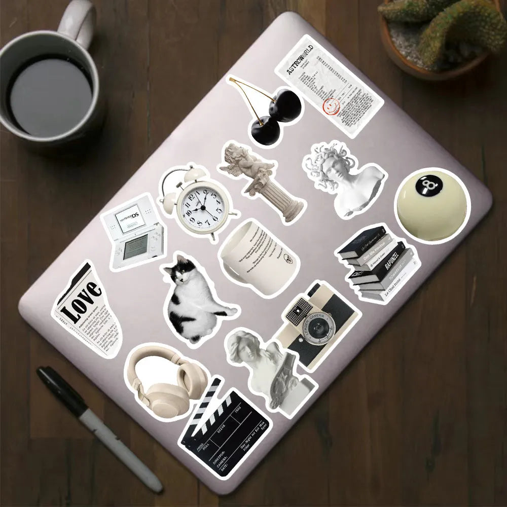 61 black and white waterproof PVC stickers for laptops, phones and luggage