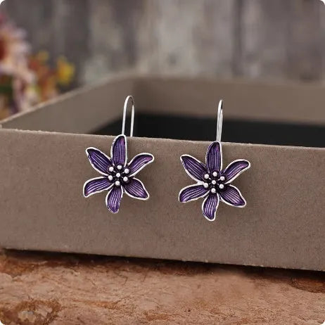 Purple flower-shaped alloy earrings with electroplated finish, retro floral design jewellery for women