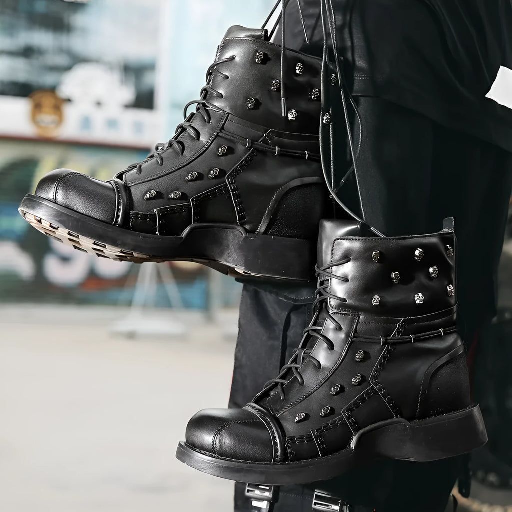 British personalized punk Martin boots for men in black first layer cowhide leather solid colour