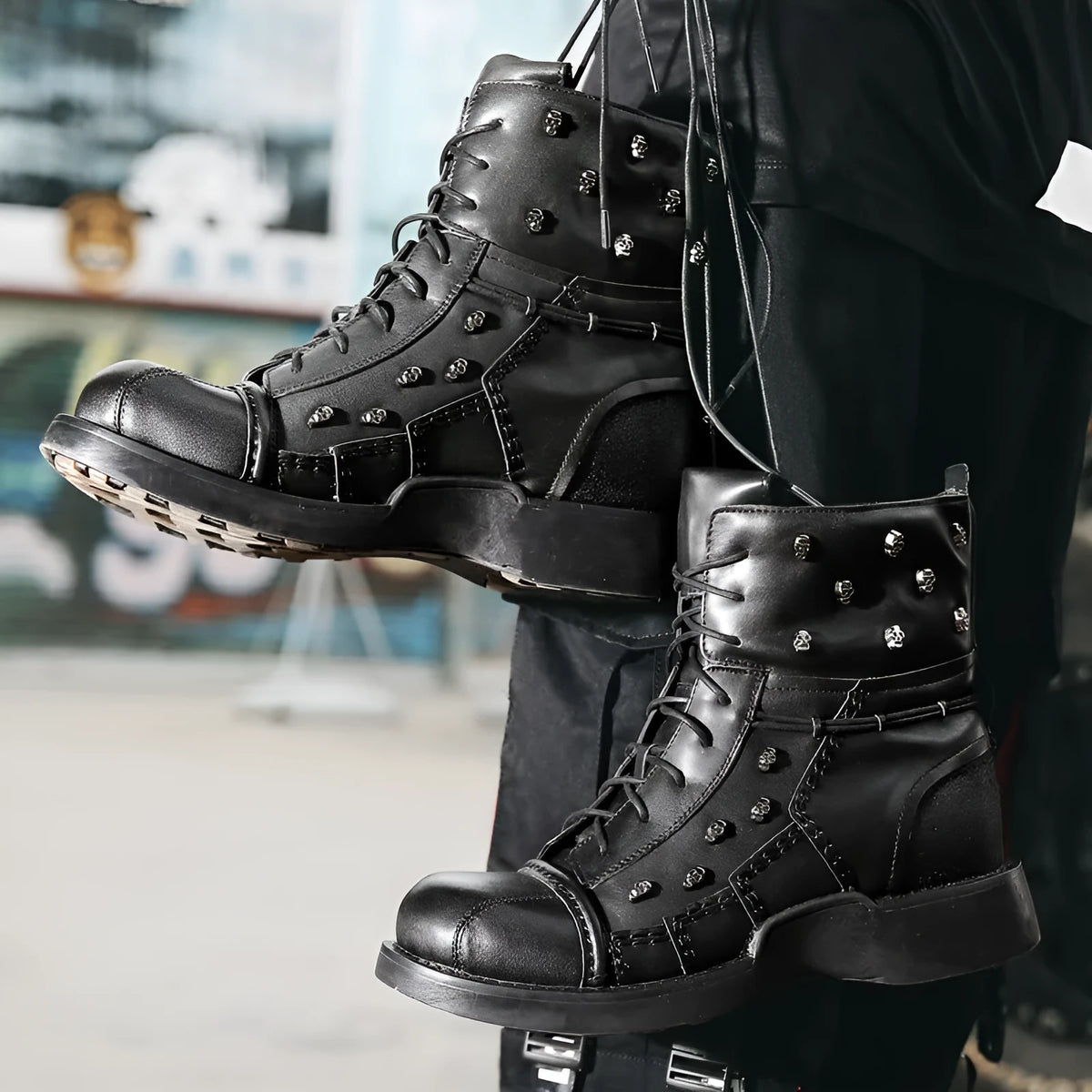 British personalized punk Martin boots for men in black first layer cowhide leather solid colour