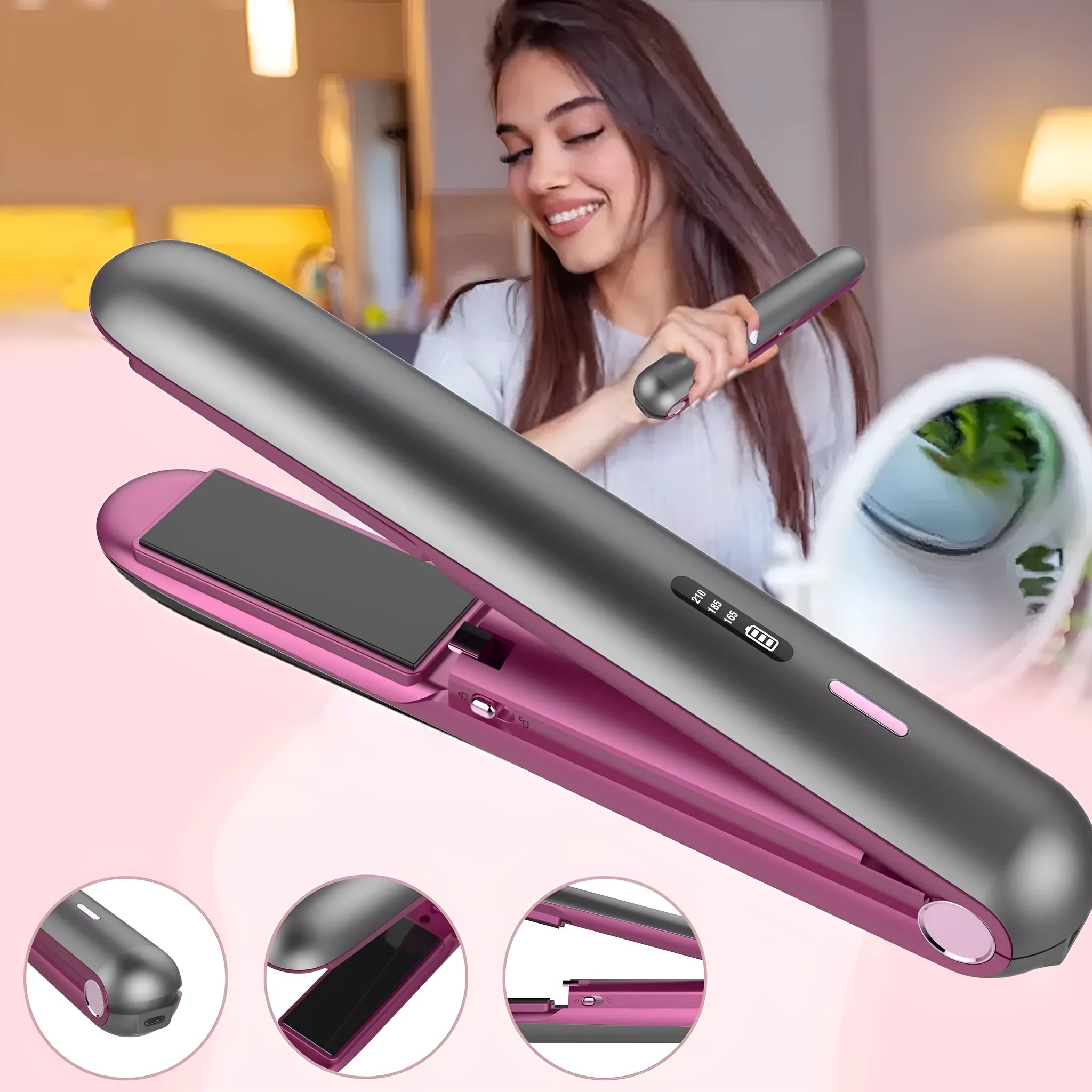 Moon shadow grey wireless hair straightener with tourmaline ceramic plates on a grey background.