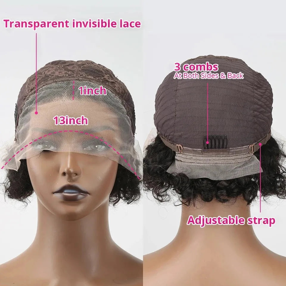 Black human hair pixie wig cover for women on a white background.