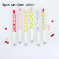 Three fruit-scented pressurised pens with push-button mechanisms and 0.5mm black refills