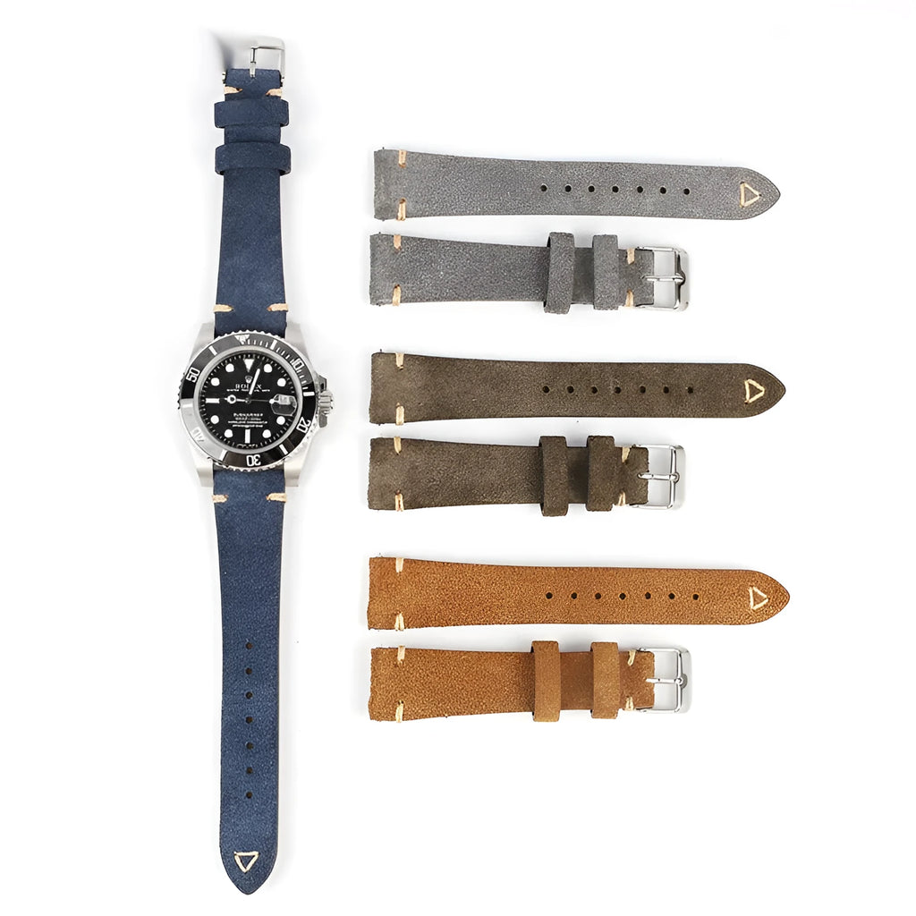 Small waist suede genuine leather watch strap showing four colour options: brown, blue, grey, and army green