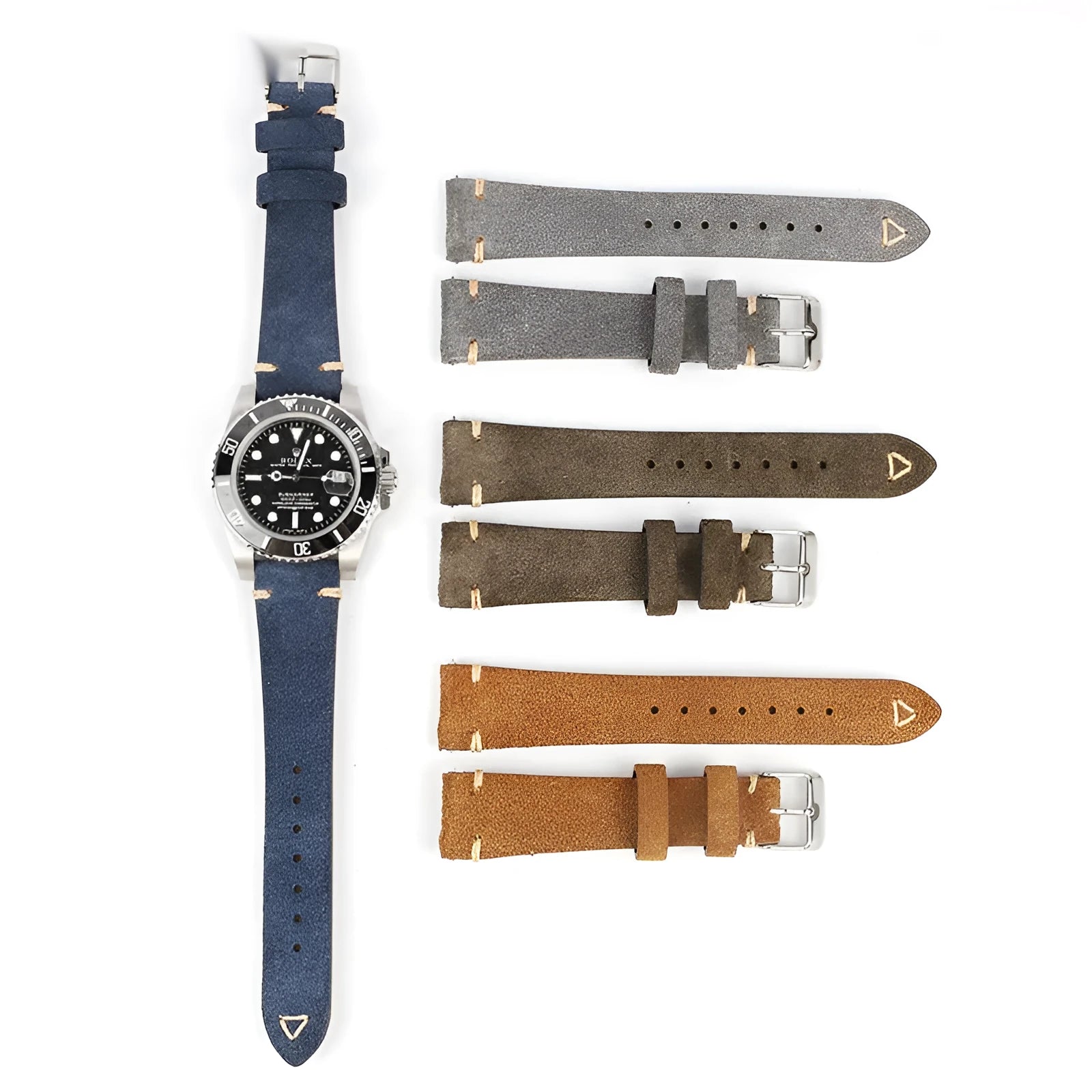 Small waist suede genuine leather watch strap showing four colour options: brown, blue, grey, and army green