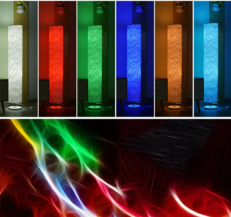Smart RGB remote control folding floor lamp with stainless steel base and fabric shade