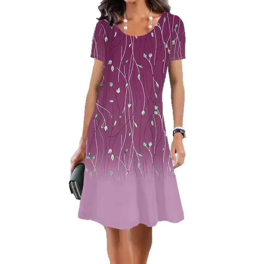 Women's light blue floral print A-line summer dress with short sleeves on a hanger.