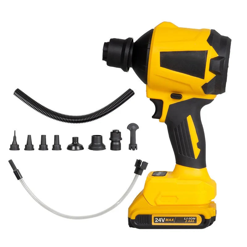 Yellow handheld cordless dust gun with rechargeable battery for office and workshop cleaning