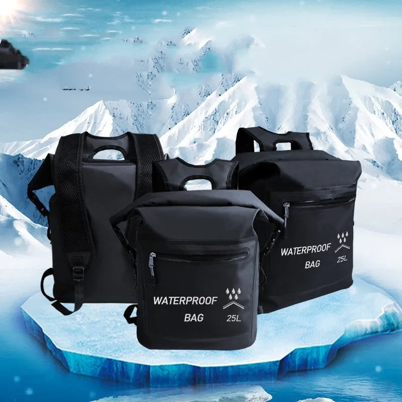 Black 25-litre waterproof outdoor backpack with 500D mesh for swimming and rafting