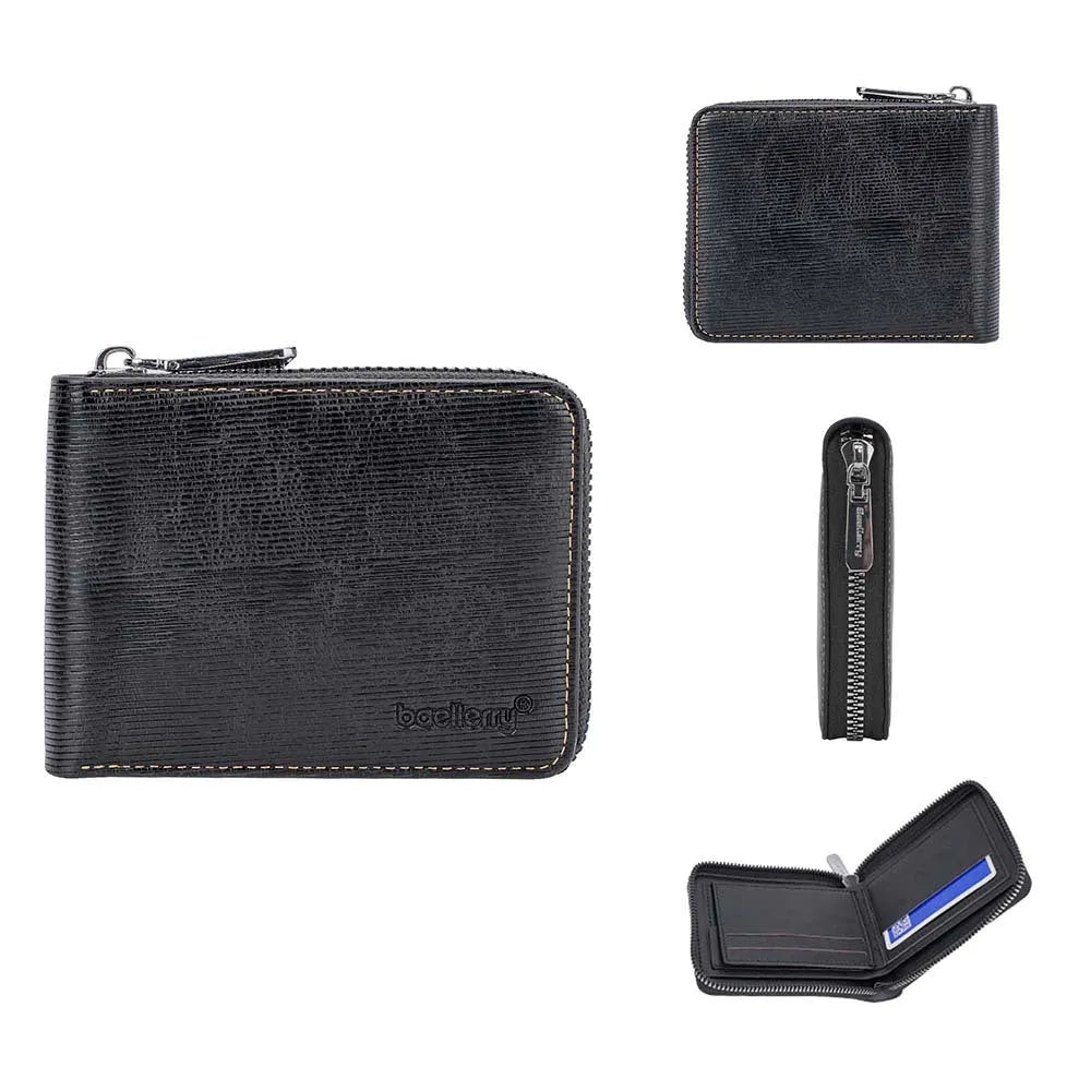 Black leather credit card wallet with anti-theft zipper and embossed pattern