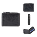 Black leather credit card wallet with anti-theft zipper and embossed pattern