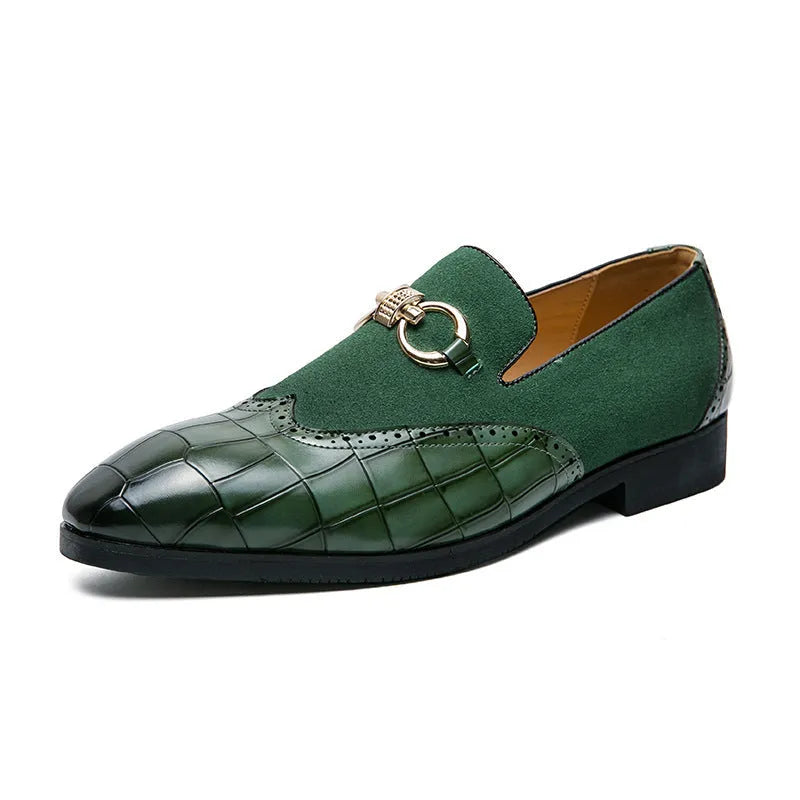 Men's black pointed toe leather shoes with low top design and visible sewing line detailing on artificial PU upper
