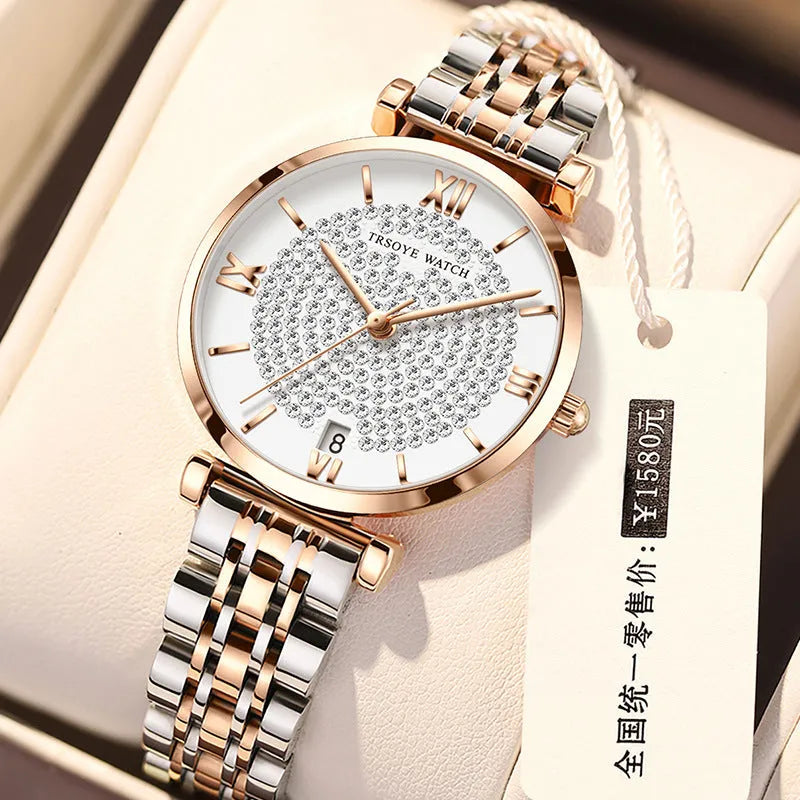 Starry women's quartz watch with 33mm dial, alloy strap, mineral glass mirror, and butterfly buckle on white background
