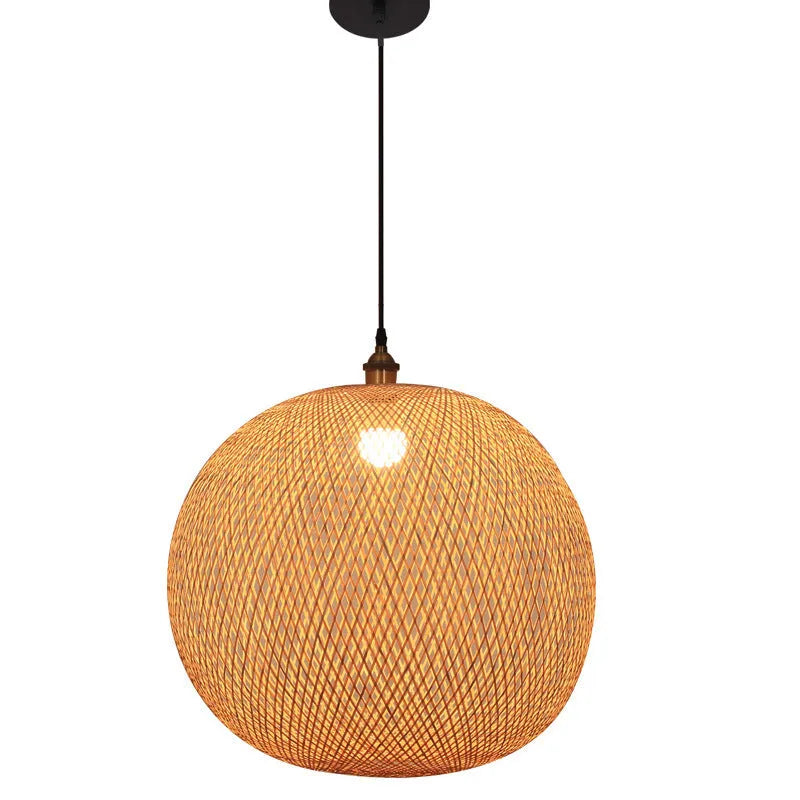 Zen-style pastoral ceiling chandelier with a woven natural rattan lampshade.