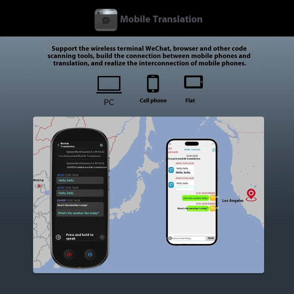 Black simultaneous interpretation translator device with neck lanyard and USB charging cable