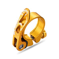 Aluminium alloy mountain bicycle seat post clamp in black, red, gold, and blue colour options showing 31.8mm and 34.9mm sizes.