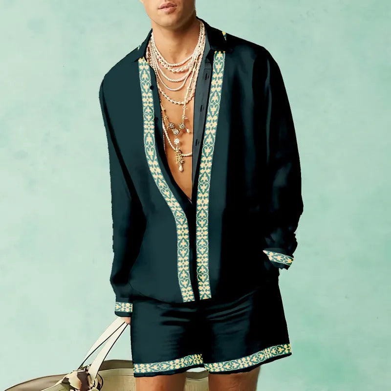 Slim fit long sleeve shirt and matching shorts casual summer set in polyester.