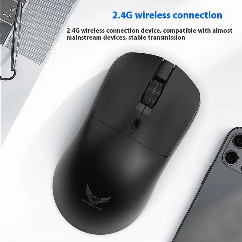 Black wireless computer mouse with three buttons and scroll wheel for laptop use