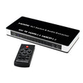 Black HDMI switch unit with four input and one output port, remote control, and power adapter.