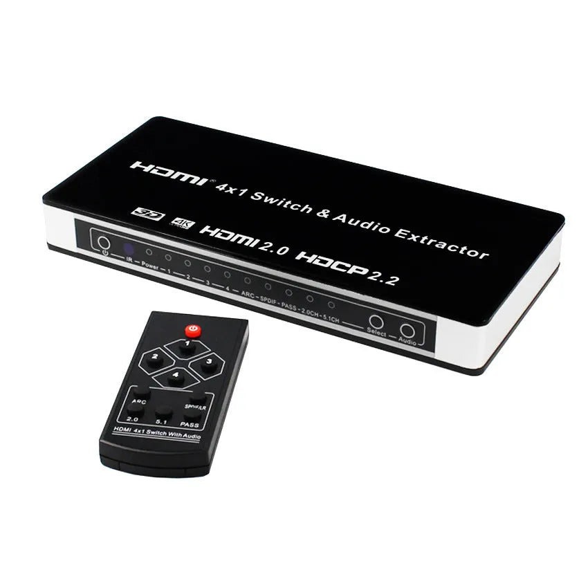 Black HDMI switch unit with four input and one output port, remote control, and power adapter.