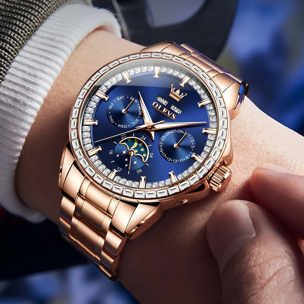 Men's automatic mechanical watch with diamond hour markers and stainless steel bracelet