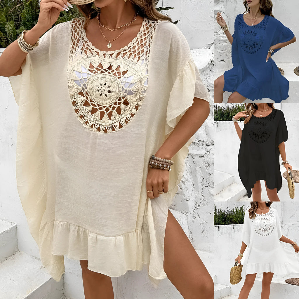 Beach crochet dress with stitching tassel detail on patchwork skirt in slubbed polyester fabric