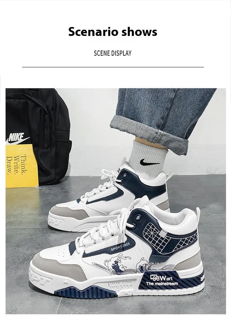 Men's beige high-top board shoes with lace-up front and rubber soles