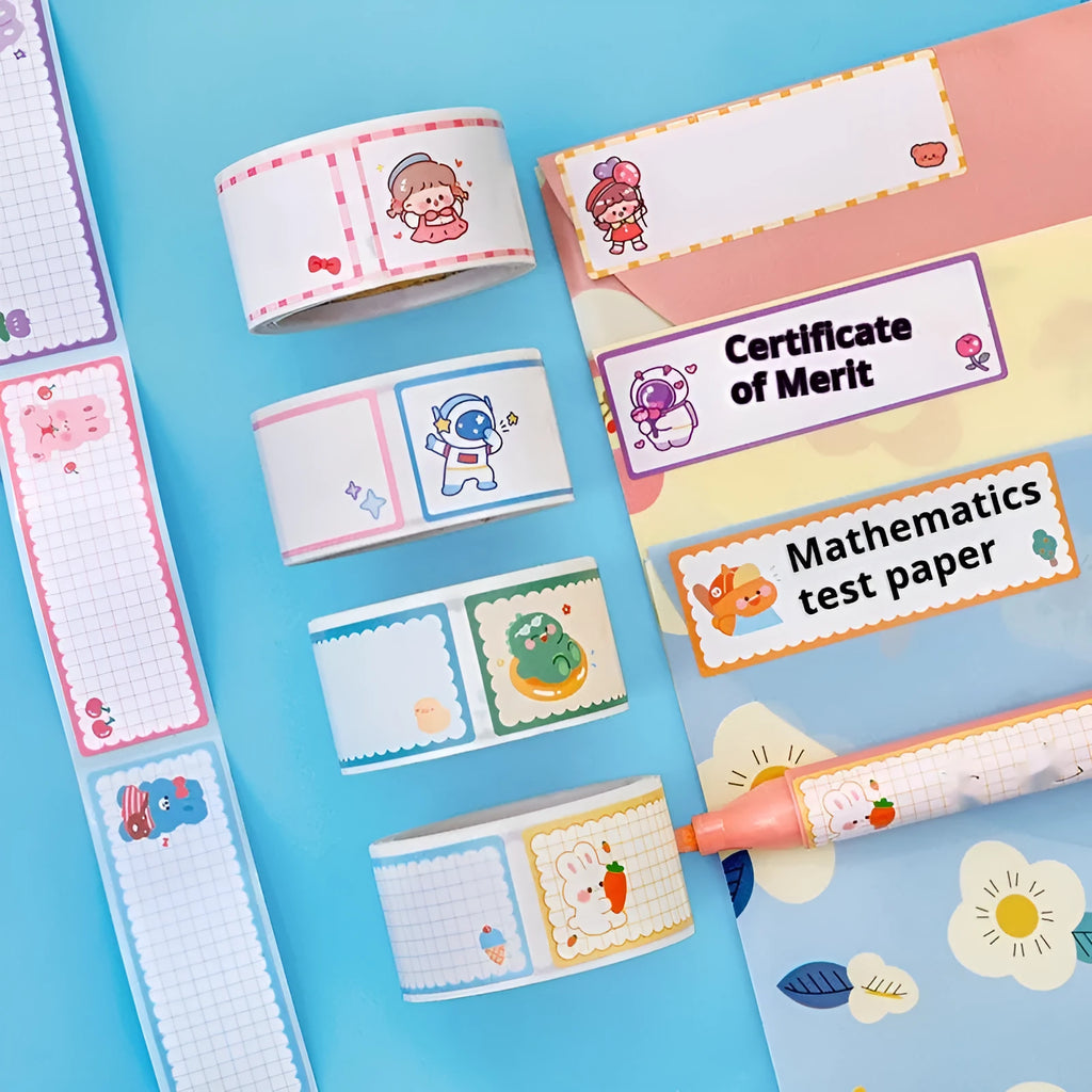 Roll of student name tape stickers with cartoon designs for school organisation