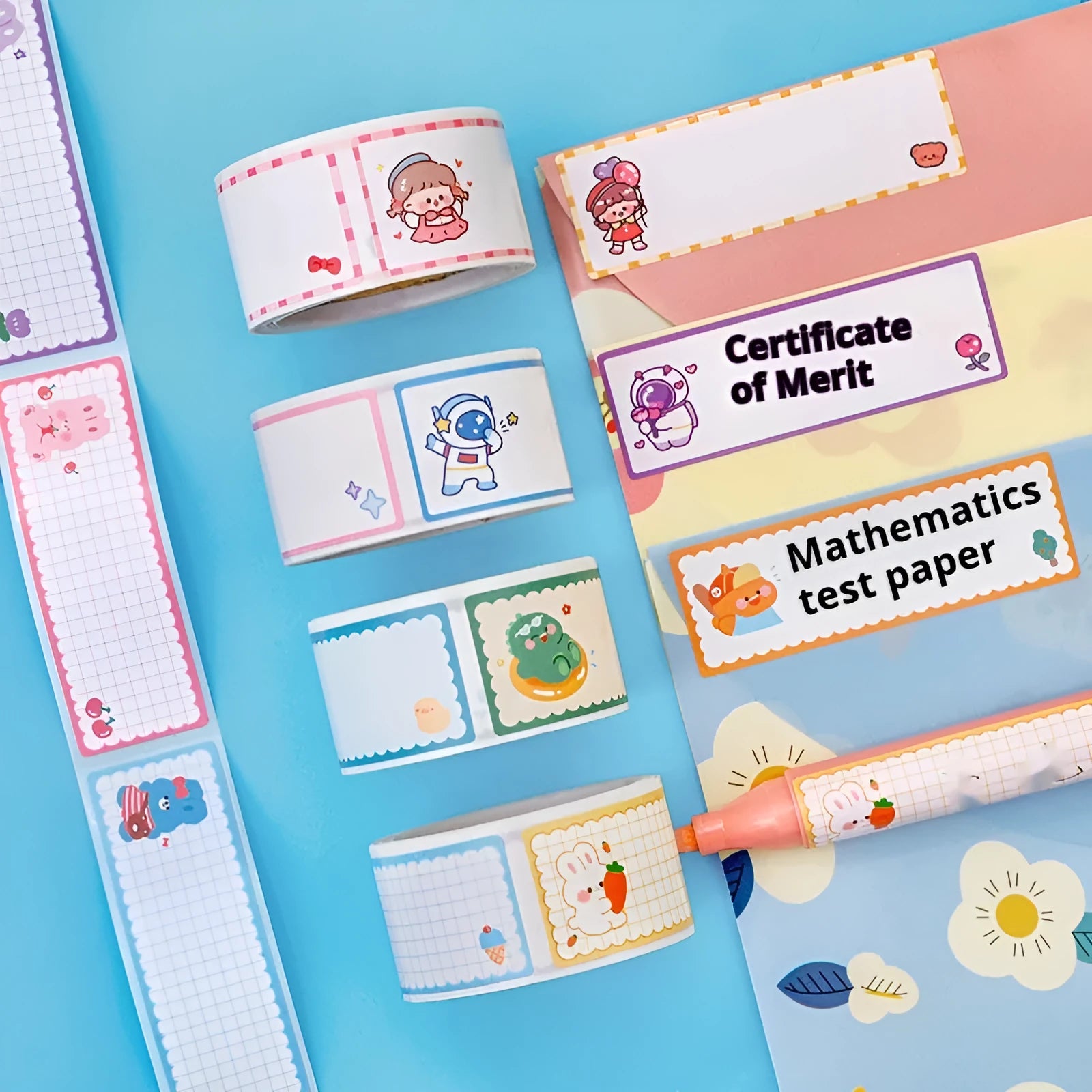 Roll of student name tape stickers with cartoon designs for school organisation