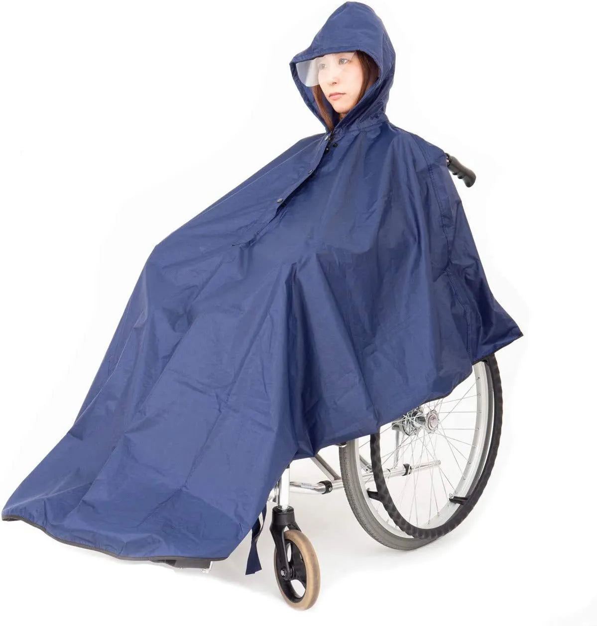 Waterproof reflective thickened wheelchair raincoat cape-style in navy blue for adults