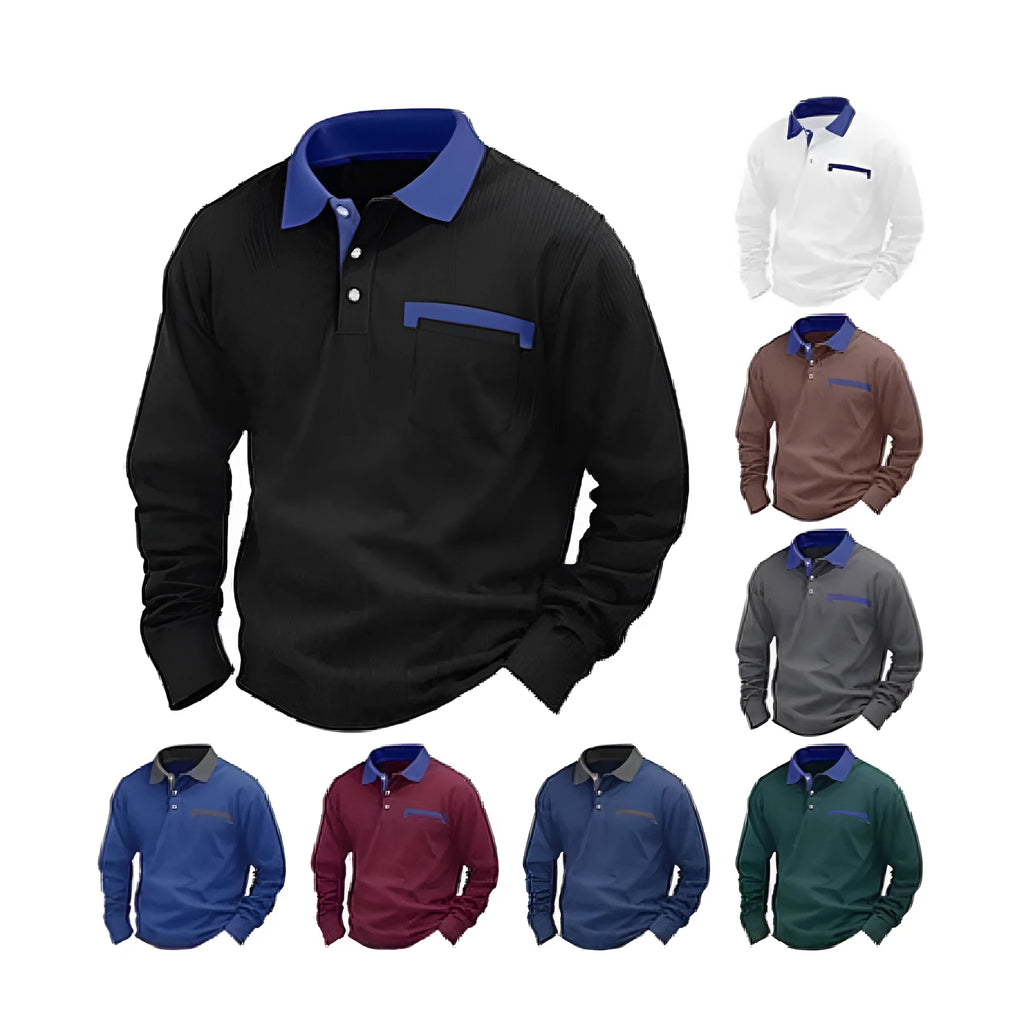 Man wearing a loose-fit long-sleeved polo shirt with a waffle knit texture in a dark blue colour.