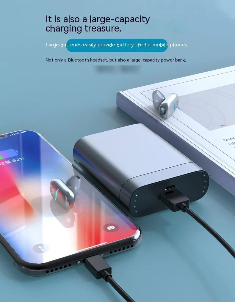 Silver gray wireless Bluetooth headset with charging compartment power bank, 74x28x95mm, LOOP T6