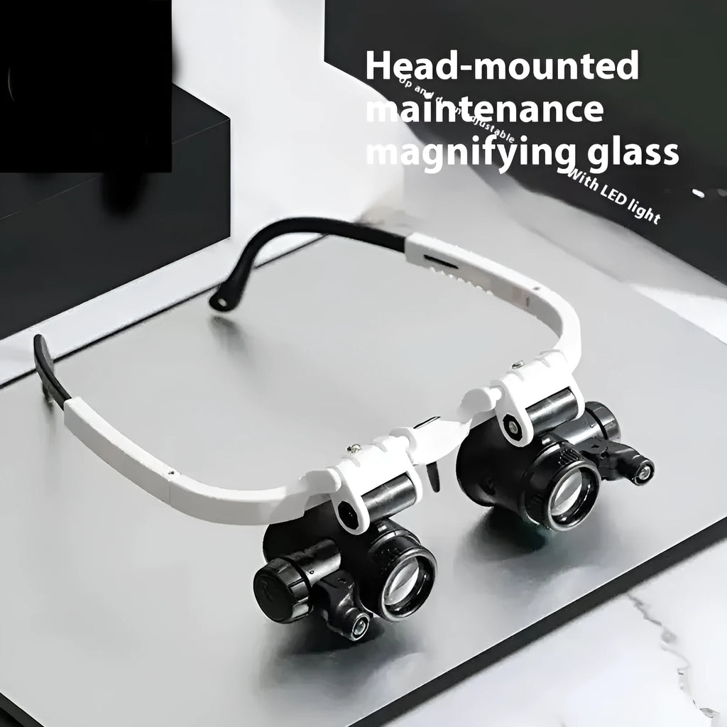 White head mounted magnifying glass with 30 optical glass lenses, folded ABS plastic frame, and LED light for close-up work