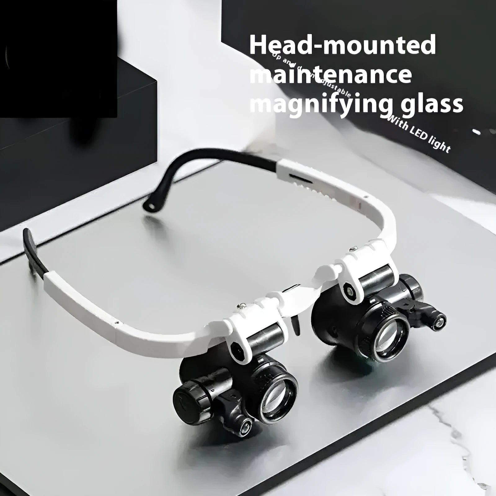 White head mounted magnifying glass with 30 optical glass lenses, folded ABS plastic frame, and LED light for close-up work