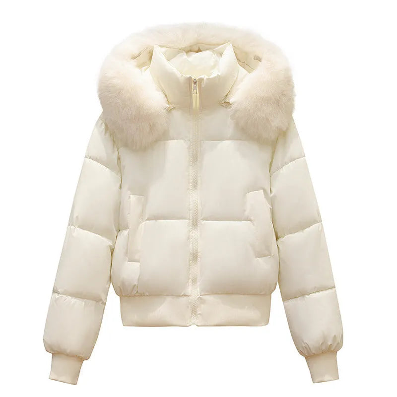 Women's polyester big fur collar loose coat in beige with hood and thickened warm design