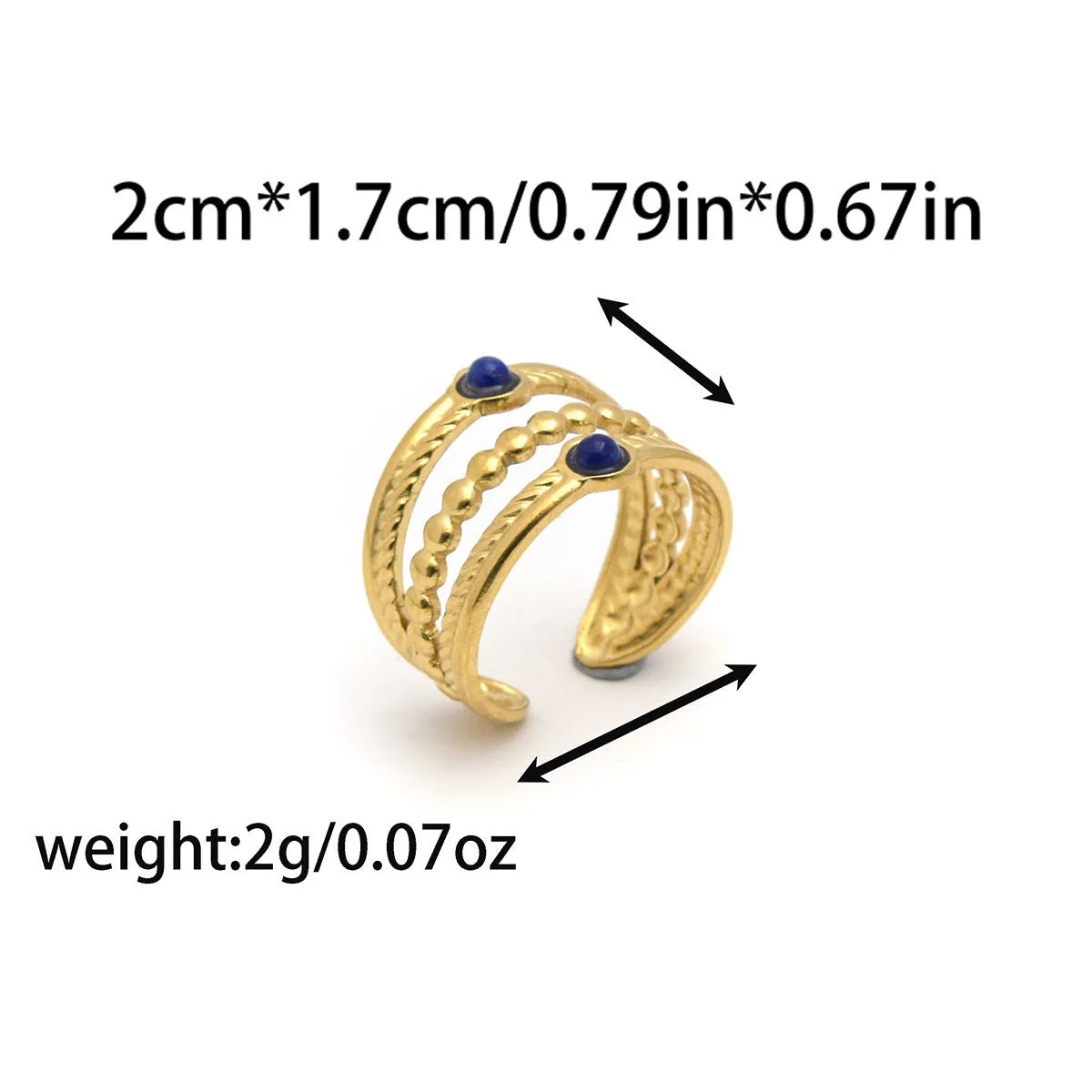 Natural stone multi-layer open ring in 304 stainless steel gold plated adjustable size geometric twist palace style unisex