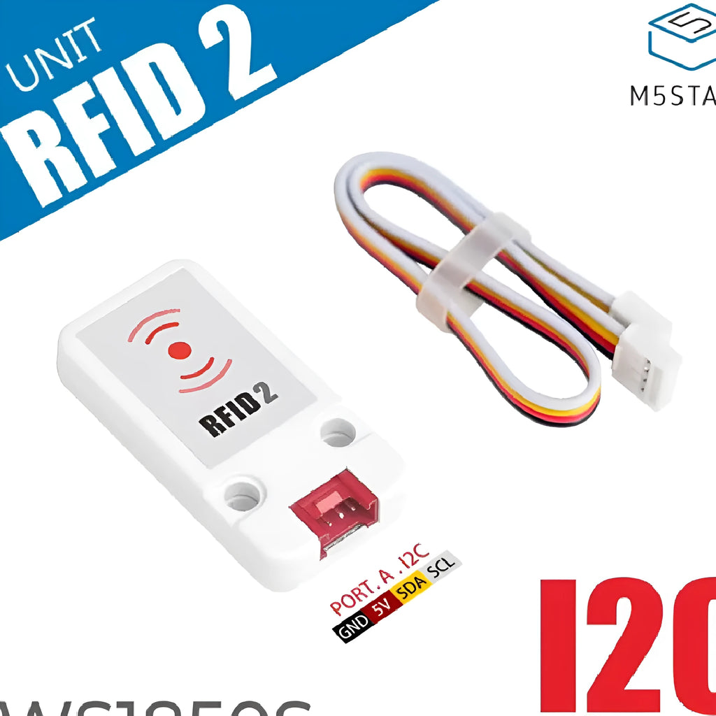 M5Stack RFID2 NFC reader module measuring 7x2 cm with HY2.0-4P cable and LEGO-compatible mounting holes