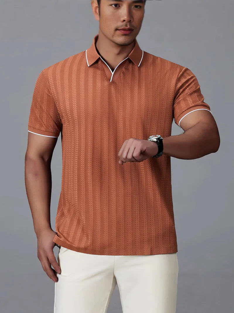 Men's short-sleeved polo shirt in black, loose fit thin nylon fabric with polo collar