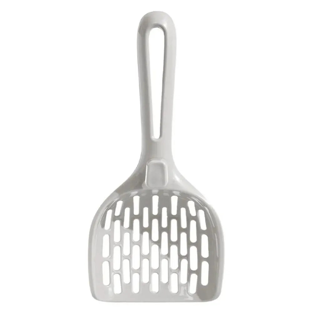 Grey plastic cat litter scoop with metal handle and matching storage base tray