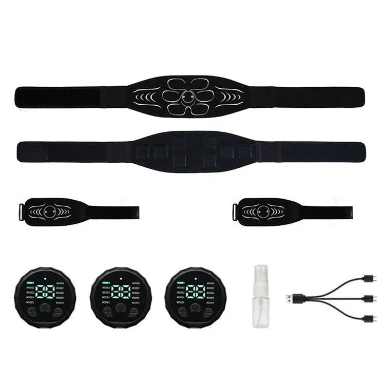 Silicone EMS belly shaping belt with muscle stimulator and hand and foot straps on a flat surface