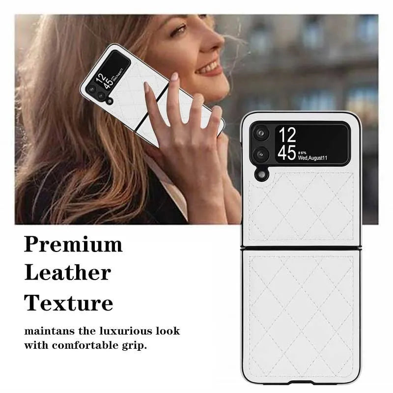 Foldable screen textured lambskin plaid phone case in black for Samsung Z Flip 3 5G and Z Flip 4 with anti-fall protection