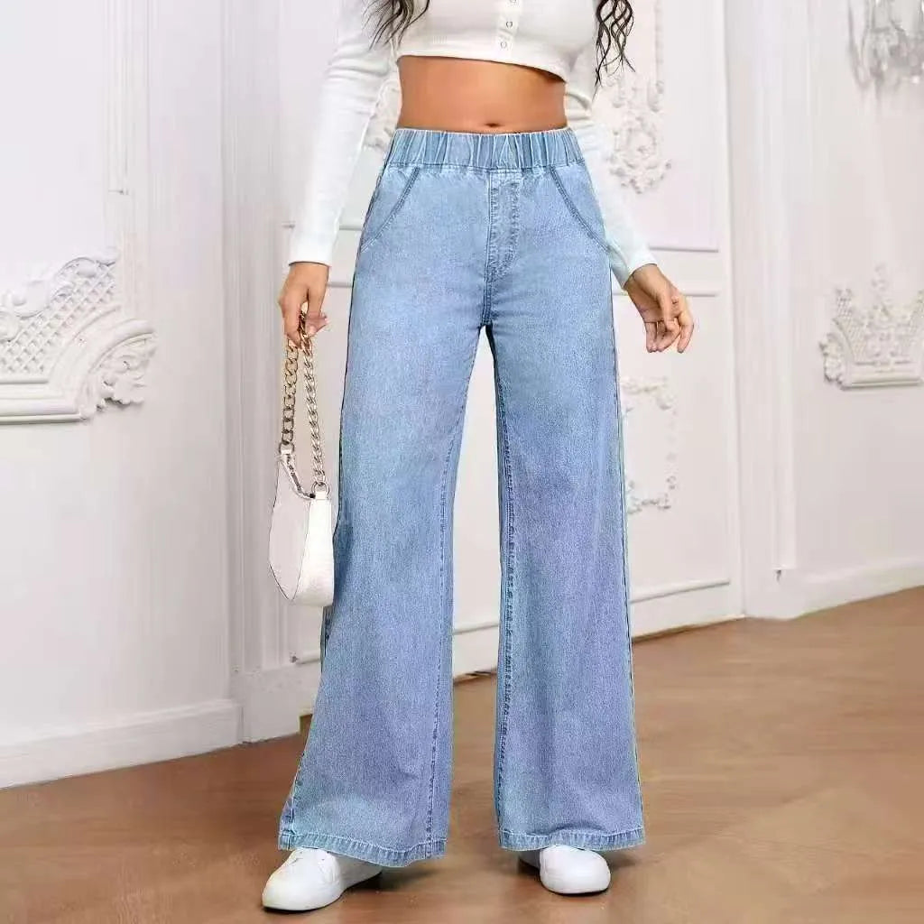 Plus size light blue washed wide-leg denim jeans with straight fit and mid waist design