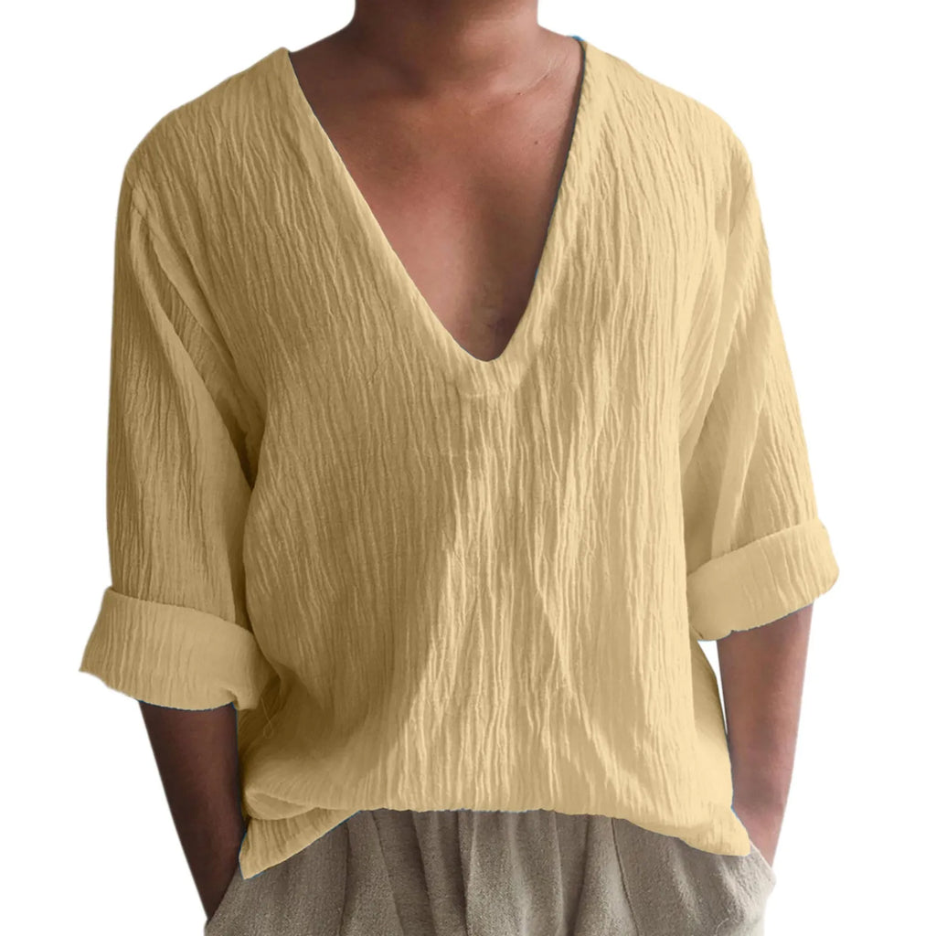 Men's solid colour V-neck long sleeve t-shirt in washed cotton fabric on a hanger.