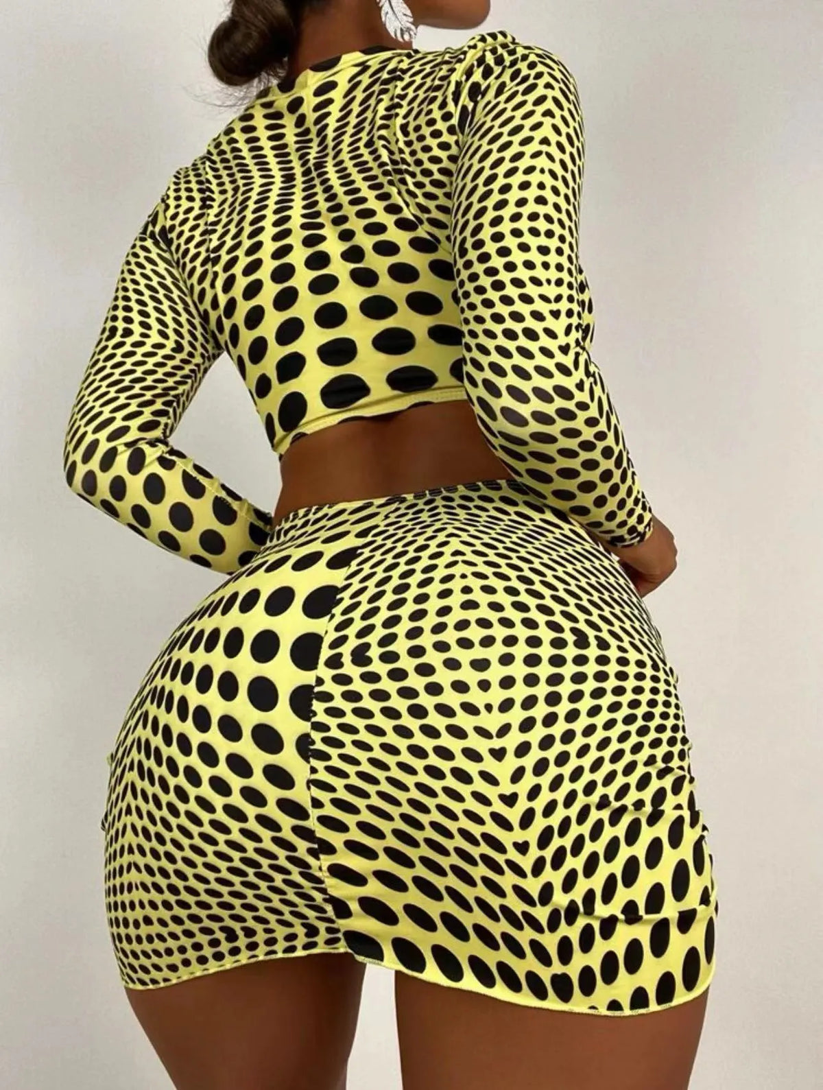 Women's green or yellow polka dot polyester swimsuit three-piece set with swim top, skirt, and bra