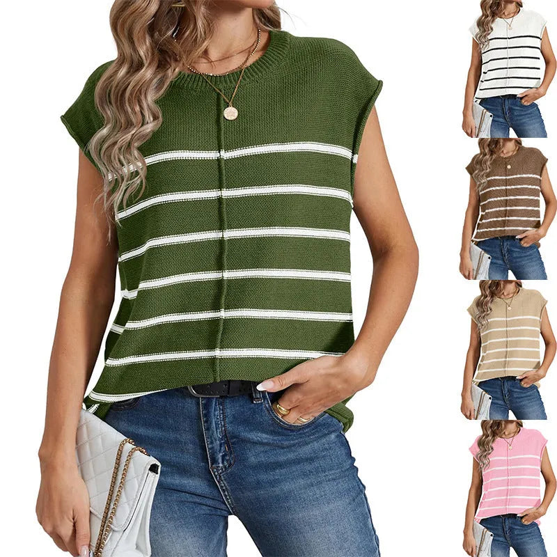 Women's striped sleeveless vest pullover in acrylic with bone stitching details