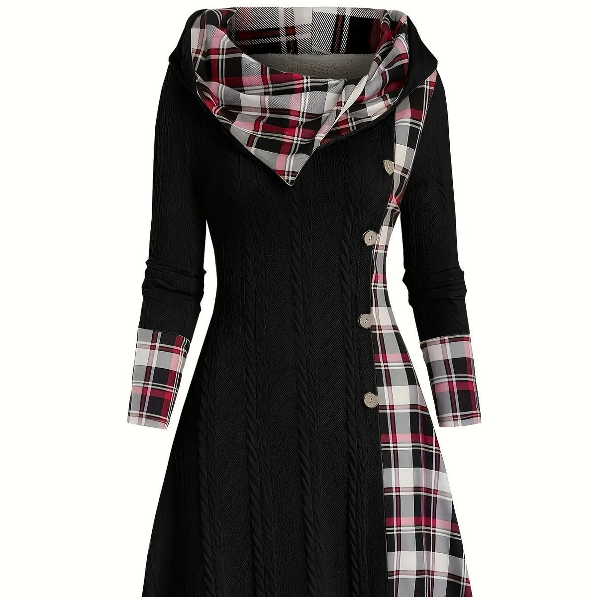 Women's hooded sunken stripe sweater pullover dress in solid colour with A-line mid waist and long sleeves