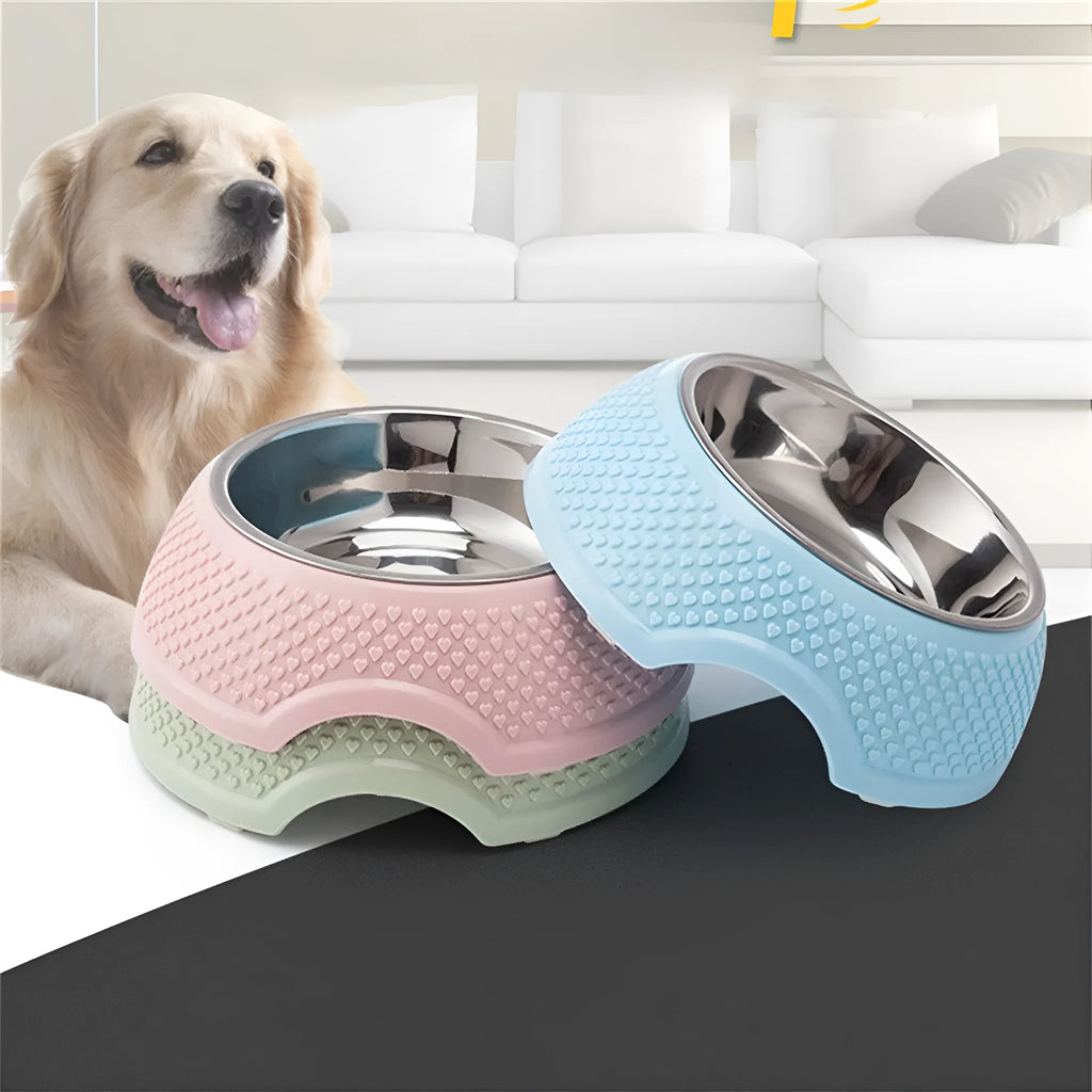Stainless steel pet bowl with non-slip base in blue, green, or pink options, 19cm diameter