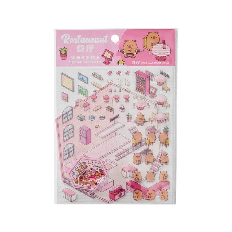 PET cut-free three-dimensional cartoon stickers for journal landscaping in eight shop-themed colours